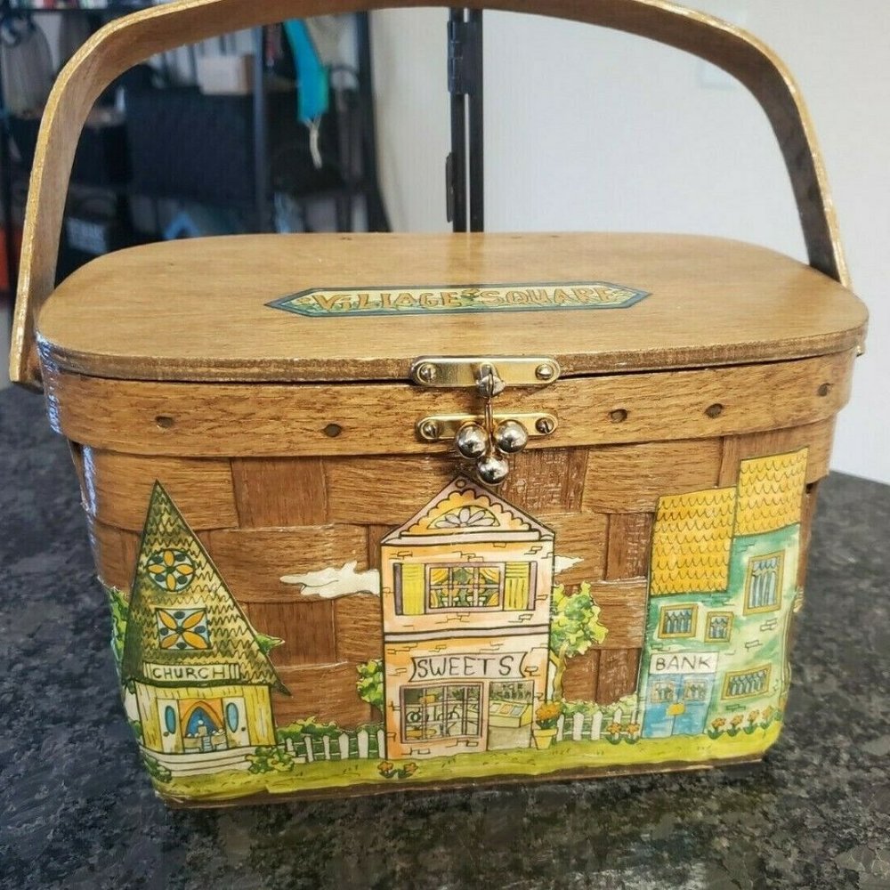 Vintage Decoupage Basket Purse "Village Square" Woven Box Basketville, VT.